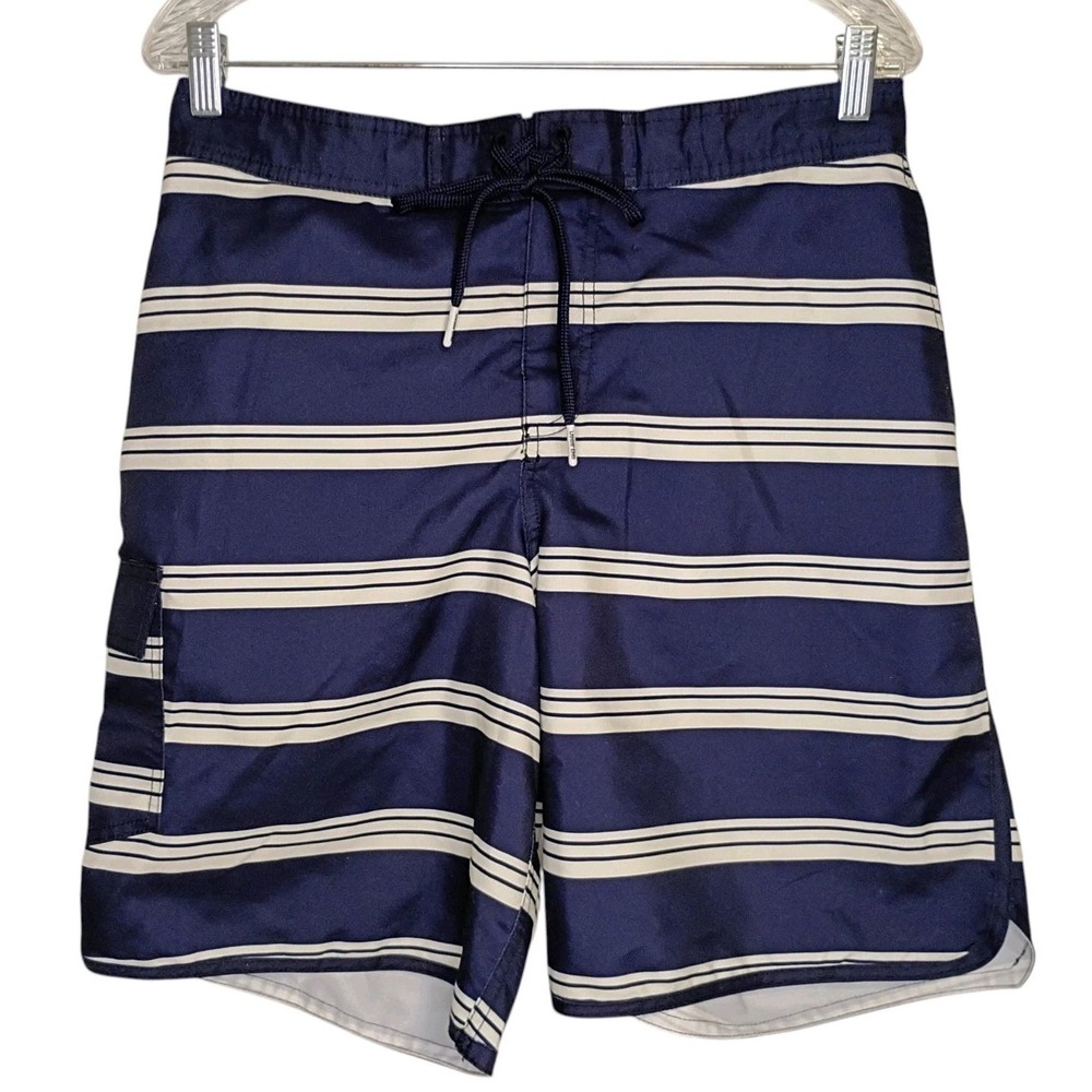 Lands' End Swim Trunks Mens Medium Navy Blue White Striped Nautical Board Short